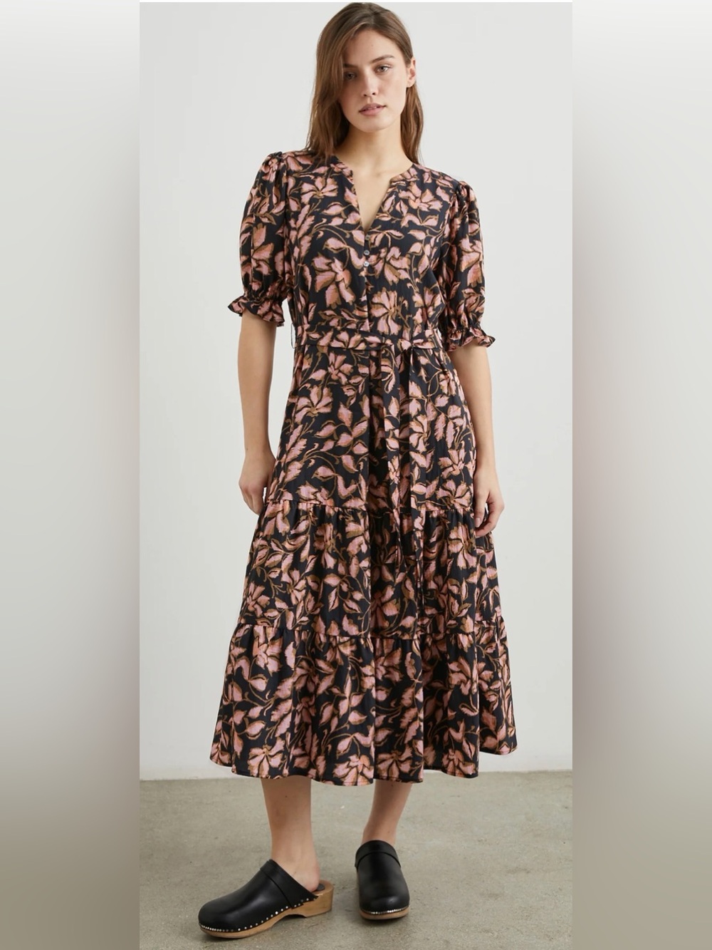 Rails Eliana Midi Dress Jasmine Floral Cotton Poplin V-Neck Tiered Skirt size XL